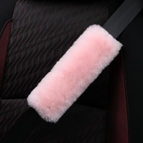 AOGELAN Fluffy Fuzzy Genuine Sheepskin Car Seat Belt Covers for Soft Auto Lambswool Seatbelt Pads, Shoulder Strap Cushion Adults Kids (2, Pink) - color: Pink