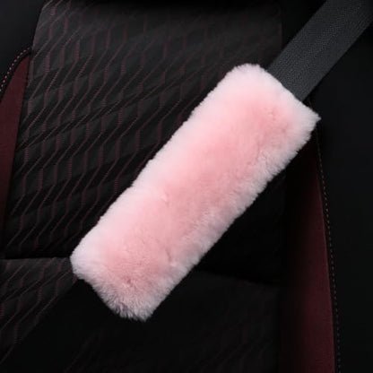 AOGELAN Fluffy Fuzzy Genuine Sheepskin Car Seat Belt Covers for Soft Auto Lambswool Seatbelt Pads, Shoulder Strap Cushion Adults Kids (2, Pink) - color: Pink