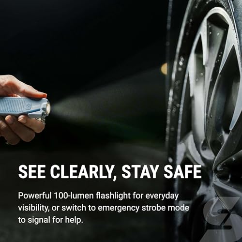 Sabre Safe Escape™ 3-in-1 Car Escape Tool for Car Safety with Spring-Loaded Window Breaker, No Swing Required, Seat Belt Cutter, LED Flashlight, Compact Auto Safety Tool for Emergencies - color: Chambray Blue