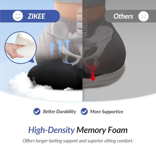 ZIKEE Ergonomic Seat Cushion with Thigh Slope for Long Sitting, Memory Foam Office Chair Cushion for Car, Home, Plane, U-Shaped Design Relieves Hip, Tailbone Pain, Non-Slip Sciatica Pain Relief Pillow
