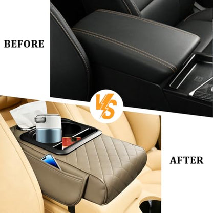 Car Center Console Armrest Box Mat, Nappa Leather Armrest Box Cover with Tissue Box, Cup Holder & Phone Holder, Middle Console Arm Rest Protection Pillow, Universal for Vehicles (Beige) - color: Beige