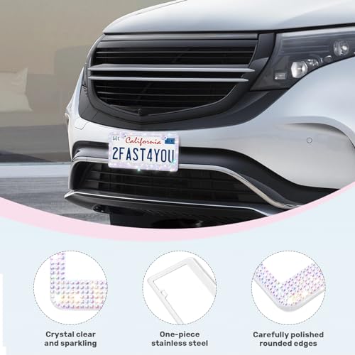 QUANQIUFEI 2 Pack Bling License Plate Frames, Sparkly Rhinestone Diamond Car License Plate Cover for Women, Stainless Steel Car Accessories with Glitter Crystal Caps (Crystal AB) - color: Crystal AB