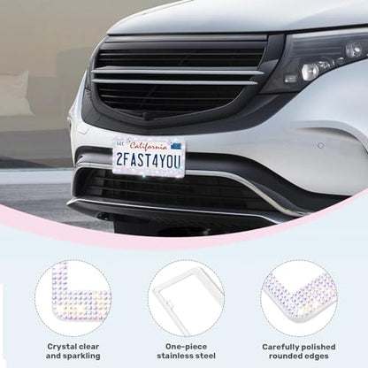 QUANQIUFEI 2 Pack Bling License Plate Frames, Sparkly Rhinestone Diamond Car License Plate Cover for Women, Stainless Steel Car Accessories with Glitter Crystal Caps (Crystal AB) - color: Crystal AB