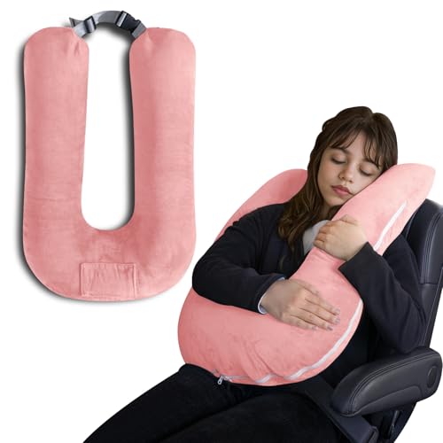 QUEEN ROSE Car Travel Pillow for Sleeping, Adjustable Head Support for Adults & Kids, Breathable Soft Neck Cushion for Road Trips, Machine Washable Cover, Pink - color: Pink
