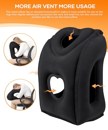 Sunany Travel Pillow, Upgraded Plane Pillow for Long Flights, Inflatable Neck Pillow Used for Airplanes,Cars,Buses,Trains,Office Napping with Eye Mask,Earplugs (Black) - color: Black (Head Heart-shape&sloping Base)