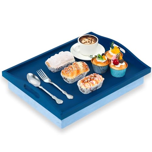 Tioncy 1 Piece Bamboo Lap Tray with Detachable Pillow 16.9'' x 13'' Lap TV Trays Desk with Handles for Adults Eating in Recliner Breakfast Housewarming Gift (Blue) - color: Blue