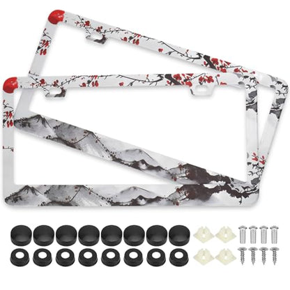 Watercolor Cherry Blossom License Plate Frames, 2 Pack Japanese Sakura Car Plate Frame, Stainless Steel License Plate Holders Covers with Free Screws Fasteners Caps (Cherry Blossoms) - color: Cherry Blossoms