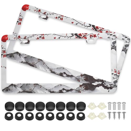 Watercolor Cherry Blossom License Plate Frames, 2 Pack Japanese Sakura Car Plate Frame, Stainless Steel License Plate Holders Covers with Free Screws Fasteners Caps (Cherry Blossoms) - color: Cherry Blossoms