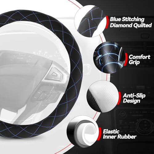 Auto Dynasty Steering Wheel Cover, Breathable Microfiber Leather Car Steering Wheel Protector with with Stylish Blue Diamond Stitch, Anti-Slip, [14 1/2 to 15 Inches] Universal Fit Cars Trucks SUVs - color: Stitched Blue