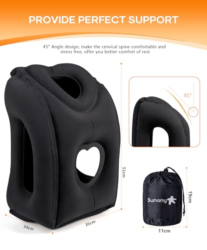 Sunany Travel Pillow, Upgraded Plane Pillow for Long Flights, Inflatable Neck Pillow Used for Airplanes,Cars,Buses,Trains,Office Napping with Eye Mask,Earplugs (Black) - color: Black (Head Heart-shape&sloping Base)