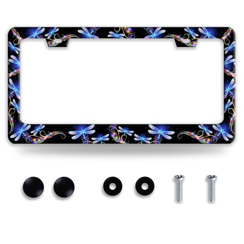 Personalized Blue Purple Dragonfly License Plate Frame Stainless Steel Dragonflies License Plate Holder Colorful Car Decorative Parts for Standard Us Canada Vehicles 12.3 x 6.3 Inch - color: Blue Purple Dragonflies Printed
