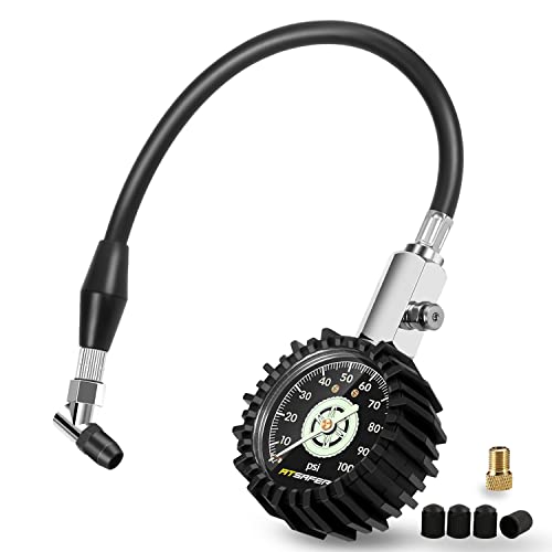 Tire Pressure Gauge 100psi Glow in The Dark, ATsafepro 2.5” Dial Mechanical Tire Gauges for Tire Pressure, Certificated Accuracy Analog Air Pressure Gauge for Cars, Trucks, Bicycles. - size: 100PSI