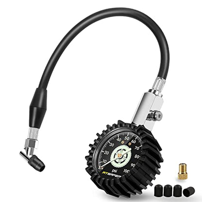 Tire Pressure Gauge 100psi Glow in The Dark, ATsafepro 2.5” Dial Mechanical Tire Gauges for Tire Pressure, Certificated Accuracy Analog Air Pressure Gauge for Cars, Trucks, Bicycles. - size: 100PSI