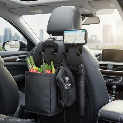 2-in-1 Universal Car Headrest Hook with Integrated Phone Holder | 360° Rotation Seat Back Hanger for Bags, Purses & Groceries | Durable ABS Plastic Car Organizer & Tablet Mount (Pack of 2 - Black)