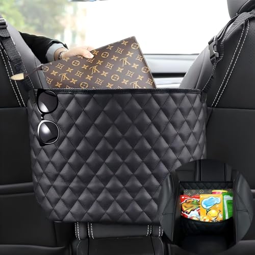 Car Net Pocket Handbag Holder，Purse Holder for Between Seats，Leather Seat Back Organizer Mesh Large Capacity Bag，Handbag Between The Two Seats - color: Black
