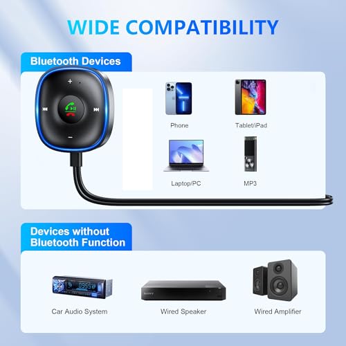 Bluetooth 5.3 Aux Car Adapter, SONRU Bluetooth Receiver for Car [Dual Connection & Mic Noise Cancellation], Aux Adapter with Plug-and-Play for Music/Hands-Free Calls/Stereo Audio
