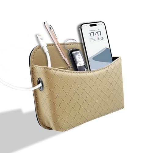 Car Door Organizer, PU Leather Storage Pouch with Strong Sticky Back for Phone, Keys - Fits Car Seat Side Pocket & Console Gap, Universal Car Accessories - Beige