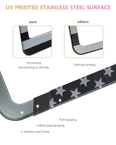 American Flag License Plate Frames - 2 Pack Black Stainless Steel Patriotic USA Car Tag Frame with UV-Printed Flag & 3D Metal Decals - style: Grey-Stainless steel-Wide