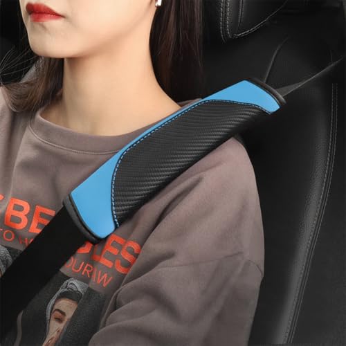 2PCS Carbon Fiber Car Seat Belt Cover, Leather Comfortable Soft Vehicle Seatbelt Pad for Shoulder & Neck, Automotive Interior Seat Strap Cushion Mat, Universal Fit (Black/Blue) - color: Black/Blue