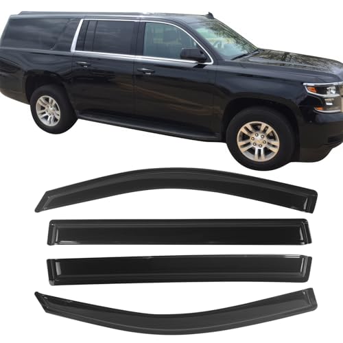 IKON MOTORSPORTS Tape On External Window Visor, Compatible with 2015-2020 Cadillac Escalade ESV Chevy Suburban 2500 1500 GMC Yukon XL, Slim Style Dark Smoke Tint Acrylic Rain Wind Vent Air Deflector
