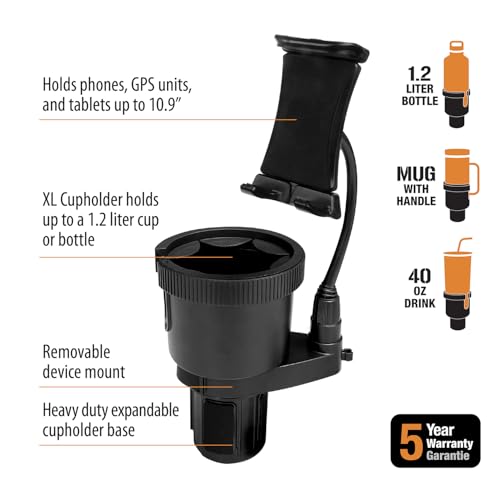 ToughTested TNT Tough N' Thirsty Mega XL Cupholder & Device Mount | Expands to Fit 1.2L Bottles | Adjustable 9" Gooseneck Arm for Phones, Tablets, GPS | Heavy-Duty Vehicle Accessory