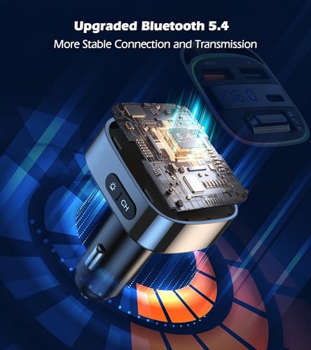 LIHAN Bluetooth 5.4 Car Adapter for Older Cars, 54W PD Fast Charging FM Transmitter, Handsfree Call, Crystal Clear GPS & Music Receiver, Supports USB Drive .wav .flac, Compatible with iPhone & Trucks