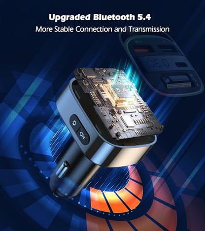 LIHAN Bluetooth 5.4 Car Adapter for Older Cars, 54W PD Fast Charging FM Transmitter, Handsfree Call, Crystal Clear GPS & Music Receiver, Supports USB Drive .wav .flac, Compatible with iPhone & Trucks