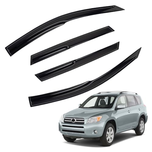 4pcs JDM 3D Wavy MU Style Window Visors Compatible with 2006-2012 Toyota RAV-4 RAV4, Front+Rear Left+Right Outside Mount Type Dark Smoke Tint Tape-On Side Sun Rain Guards Set of 4 - size: 2006-2012 Toyota RAV4