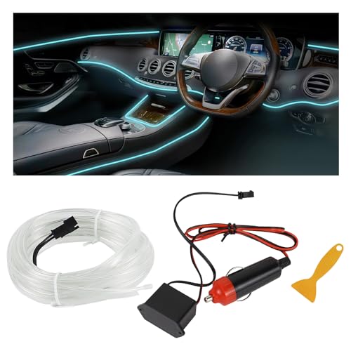 EL Wire Interior Car LED Strip Lights, 16.4FT RGB Cigarette Lighter Neon Automotive Light Strip, Electroluminescent Vehicle Ambient Lighting Kit, Interior Decoration Car Accessories (Ice Blue) - color: Ice Blue, size: Cigarette Lighter
