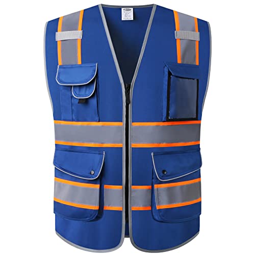 JKSafety 9 Pockets High Visibility Zipper Front Safety Vest | Blue with Dual Tone High Reflective Strips | Meets ANSI/ISEA Standards (901-Blue, Medium) - color: Blue Orange Strips, size: Medium