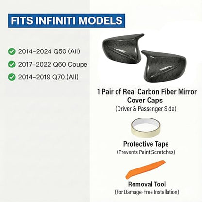 Real Carbon Fiber Side Mirror Covers Compatible with Infiniti Q50 Q50S (2014-2024), Q60 (2017-2022), Q70 (2014-2019) - Horn Style Replacement Housing Caps (Honeycomb Carbon Fiber) - style: Honeycomb Carbon Fiber