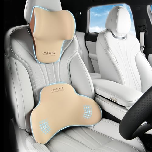 Coverado Lumbar Support and Headrest Pillow for Car, Memory Foam Ergonomic Head Neck Support Pillow for Driving Seat, Back Support and Pain Relief, Seat Cushion for Car, Driver, Office - color: Beige