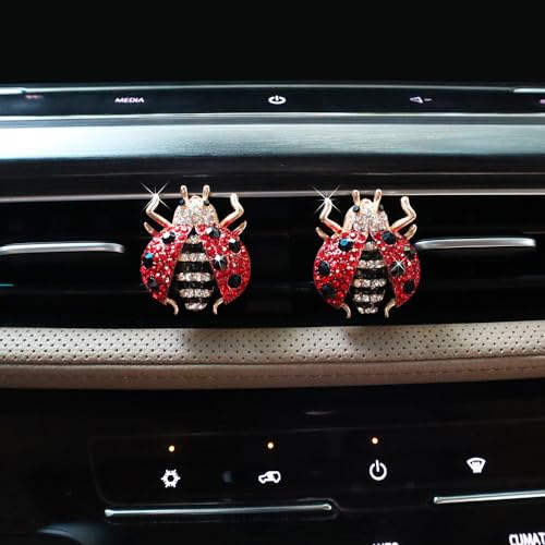 ORIESSE Ladybug Car Accessories,2pcs Red Bling Lady bug Air Vent Clips Car Air Freshener,Cute Dashboard Decorations Gift for Women,Girly Refillable Diffuser with Felt Pads