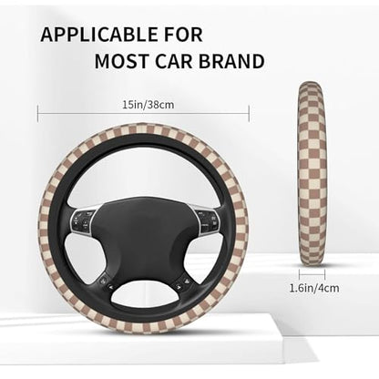 Checkered Brown Steering Wheel Cover - Universal 14-15 Inch Anti-Slip Breathable with 2 Pcs Car Coasters Suitable Men Women Checkered Car Wheel Cover Accessories - color: Checkered K