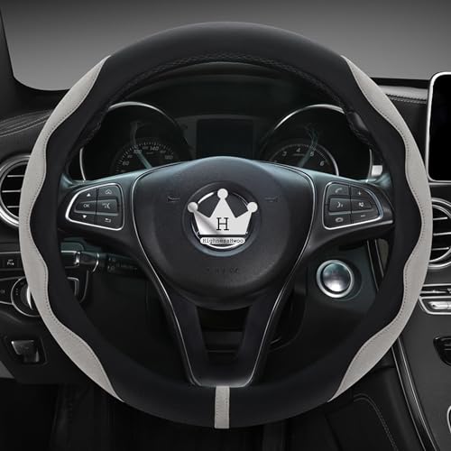 HighnessHwoo Luxury Suede Steering Wheel Cover for Cars, Soft Leather Padded Wheels Cover for Sedan, SUV, Thin Car Handle Cover, Universal Fit, Anti Slip, 14.75-15.15in, Gray - color: Gray+Black, size: Standard Size[14.75-15.15"](37.5-38.5cm)