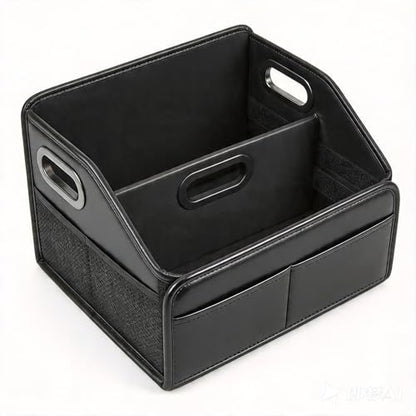 Car Storage Organizer Reinforced Dividable Leather Car Caddy Basket for Front Seat Floor Back Sturdy Frosted Handle 8 Compartments Adjustable Strap Buckles Slip-Resistant for SUV Truck