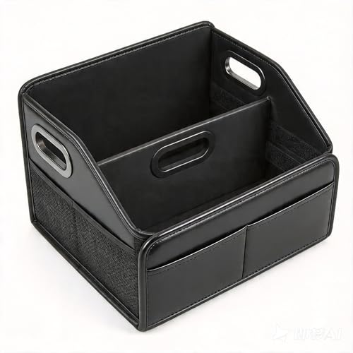 Car Storage Organizer Reinforced Dividable Leather Car Caddy Basket for Front Seat Floor Back Sturdy Frosted Handle 8 Compartments Adjustable Strap Buckles Slip-Resistant for SUV Truck