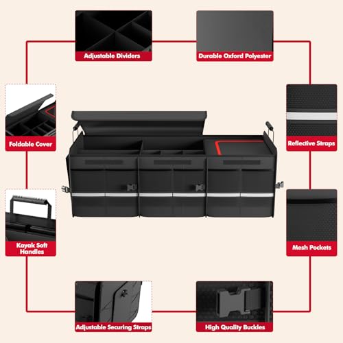 MEI&CO Car Trunk Organizer - 2.5mm PP Board Built, 35L Leakproof Cooler, 105L Capacity, 2 Tie-Down Straps, 4 Adjustable Dividers, Foldable Design for SUVs, Trucks, and Cars - color: RED