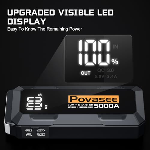 Povasee Car Battery Jump Starter 5000A Jump Box (All Gas/10L Diesel) Portable Car Jump Starter Battery Pack, 12V Jumper Starter Portable 3" LCD Display/Power Bank/Dual Output/LED Light DC - style: A40
