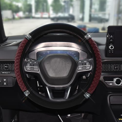 Bling Soft Leather Steering Wheel Cover, 15 Inch Colorful Rhinestones Auto Elastic Steering Wheel Protector for Women Girls, Car Accessories Anti Slip Steering Wheel Cover for Cars, SUVs (Wine red) - color: Wine red