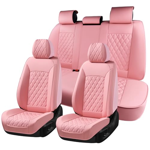 Huidasource Pink Seat Covers, Nappa Leather Car Seat Covers, Velcro Adjustable, Compatible with Airbags, Child Seat, Seat Belts, Fit for Most Cars, Vans, Trucks, SUVs (Full Set/Pink) - color: 01FS# Pink, size: 5pcs Full Set