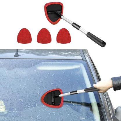 Windshield Cleaning Tool, Car Window Cleaner with 4 Washable Reusable Microfiber Pads, Auto Interior Exterior Extendable Long Handle Glass Wiper Cleaning Kit Universal for Office and Home (Red) - color: Red
