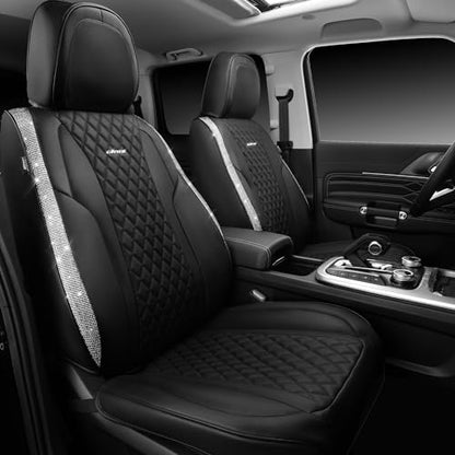 CAR PASS Bling Leather Car Seat Covers & Black Nappa Leather Calfskin Seat Cushioned Protector, Waterproof Anti-Slip Universal Fit SUV Truck Sedan, Glitter Sparkly Shining Rhinestone, Silver Diamond - color: Black and Silver Diamond, size: Full Set