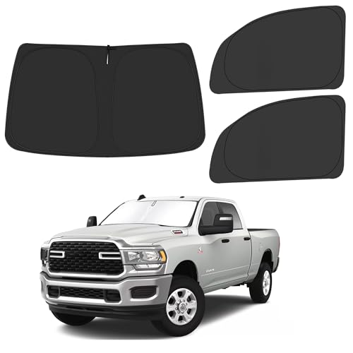 Front Windshield ＆ Side Window Sun Shade for 2010-2025 Dodge RAM 2500 3500 QuadCab CrewCab MegaCab 4Door, Foldable Window Sunshade Sun Visor Protector Sun Shield Block UV Rays Heat, Pack of 3 - size: Silver & Black-Fit 2010-2025 Dodge RAM 2500 3500