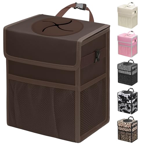 Capolo Car Trash Can with Lid, Leakproof Car Trash Bag Hanging Waterproof Automotive Garbage Can with Storage Pockets Mini Vehicle Trash Bin for Back/Front Seat(Brown,3 Gallon) - color: Brown, size: 3 Gallons