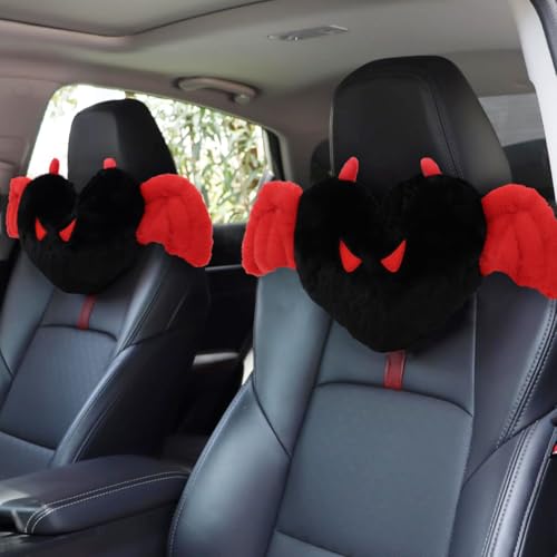 Sexysamba 2 Pcs Heart Shaped Car Headrest Pillow Devil & Angel Wings Neck Pillow Cute Car Seat Decor Neck Support Cushions for Travel Sleeping, Driving, Home, Office, Black Devil - color: Black Devil