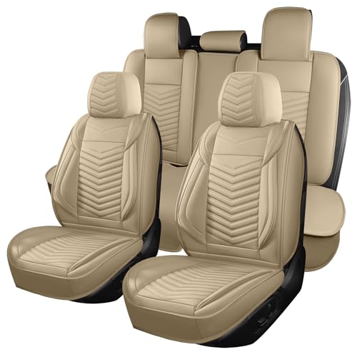 HChengkikz Nappa Leather Car Seat Covers Full Set, Beige Car seat Protector 5 Seats, Waterproof Car Seat Cushion, Universal Automotive Seat Covers Fit for SUV Truck Pick-up Sedan, Front and Rear - color: Style1 Beige, size: Full Seat