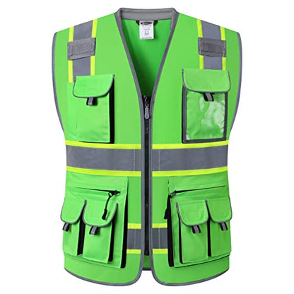 JKSafety 10 Pockets Hi-Vis Zipper Front Fluorescent Green Safety Vest | Cushioned Collar | High Reflective Tapes with Extended Neon Yellow Strips | Meets ANSI/ISEA Standards (Large, 89-Green) - color: Greent1s1, size: Large
