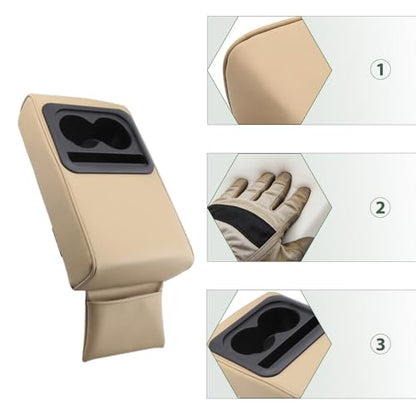 PU Leather Armrest Cushion with Cup Holder, Car Center Console Pad with Front Storage Pocket, Elbow Rest Pillow, Universal Car Armrest Seat Box Cover Protector - Beige - color: Beige