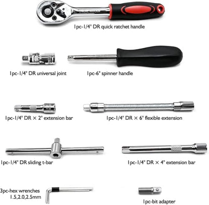 Egofine 46 Pieces 1/4 inch Drive Socket Ratchet Wrench Set, with Bit Socket Set Metric and Extension Bar for Auto Repairing and Household, with Storage Case - style: 1/4" 46 PCS